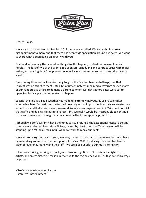 Letter from LouFest organizers